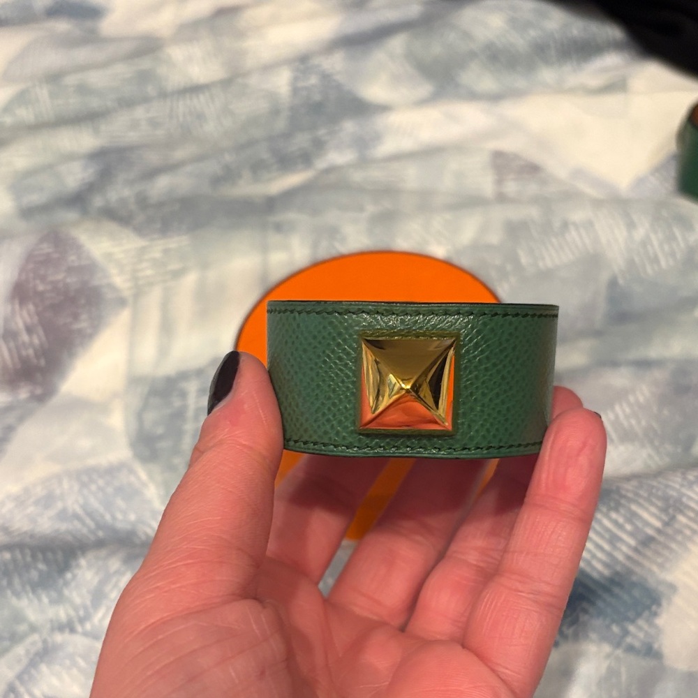 Hermes Green Bracelet with Gold Pyramid Stud